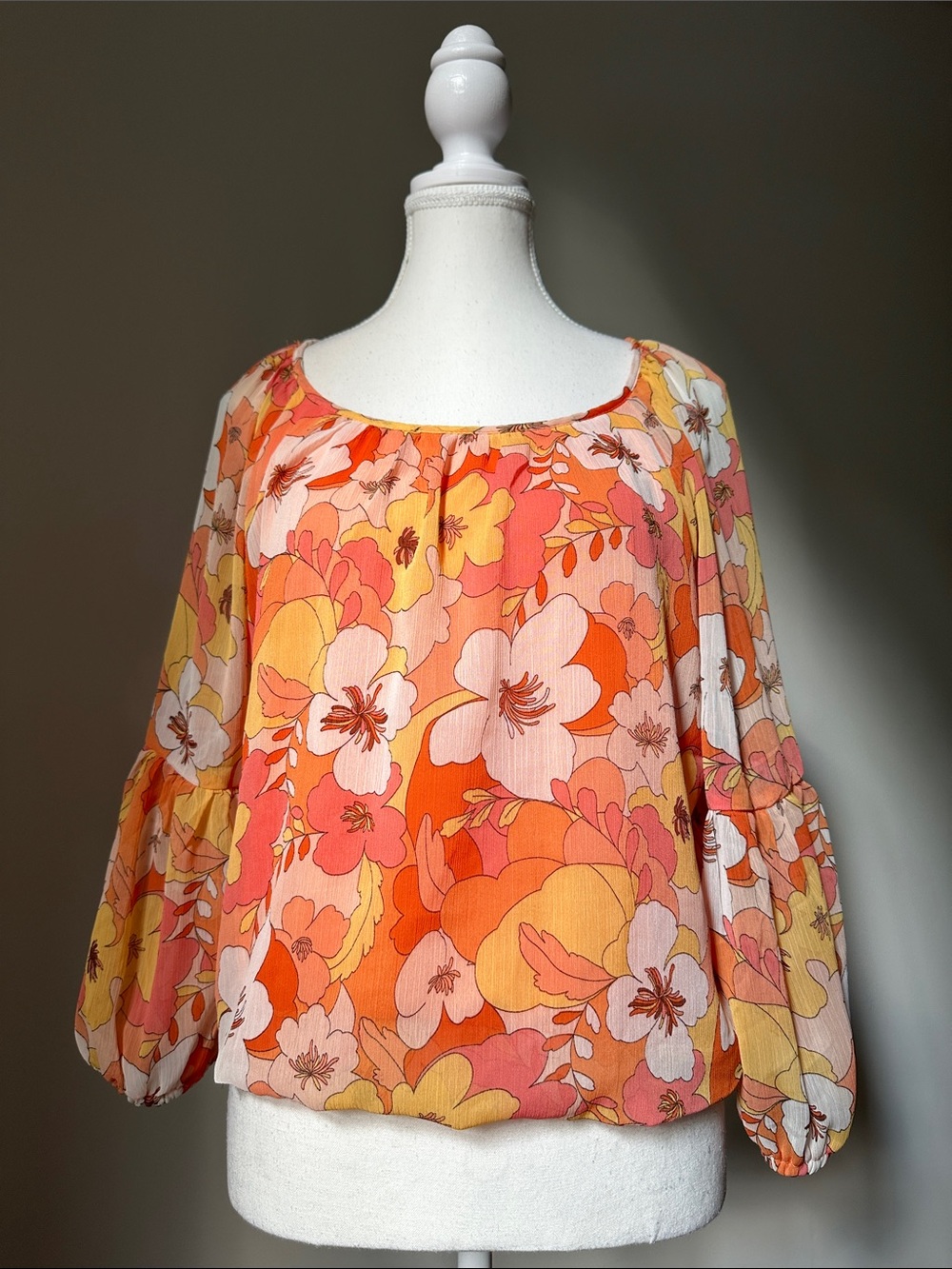 AUTRES FILLES Retro Floral Boho Summer Balloon Sleeve Scoop Neck Blouse Medium